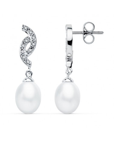 Pendientes oro blanco 9k perla circonita cierre presión