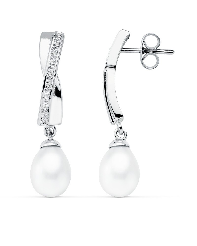 Pendientes oro 9k blanco perla cierre presión