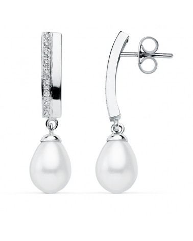 Pendientes oro blanco 9k perla colgante circonita