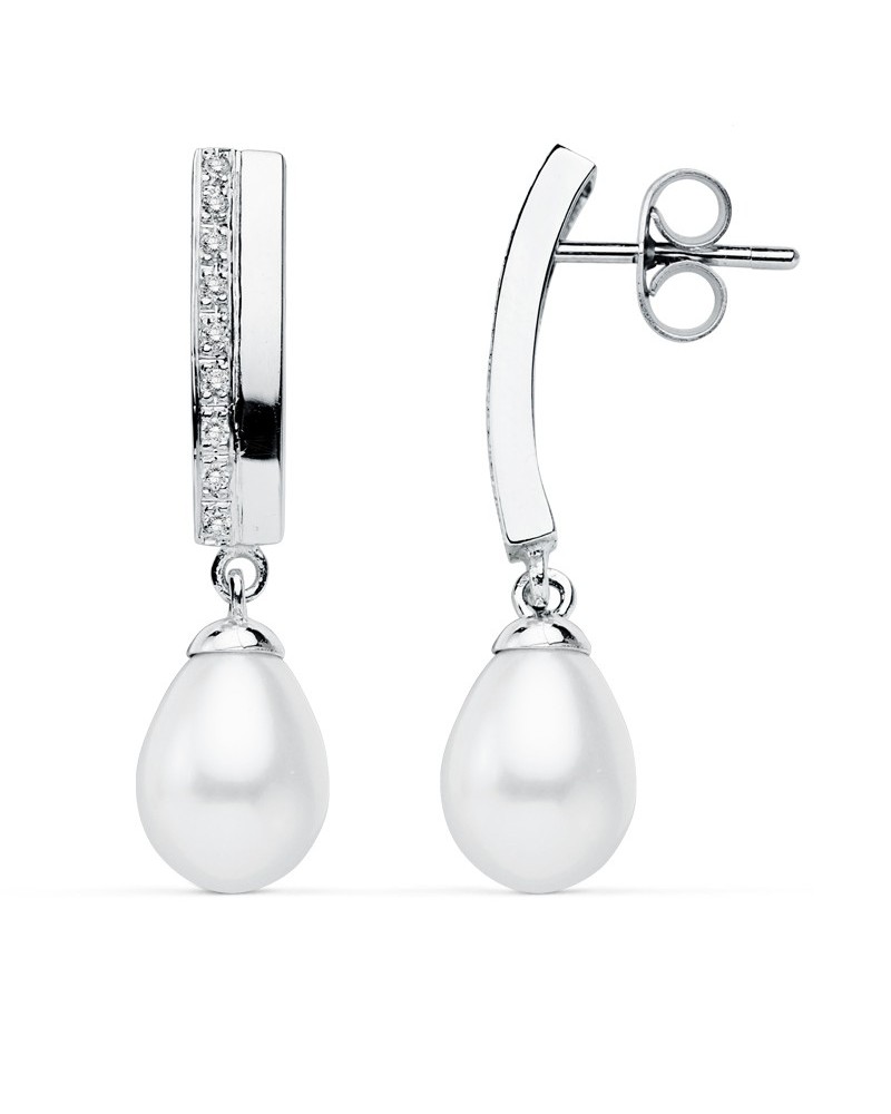 Pendientes oro blanco 9k perla colgante circonita