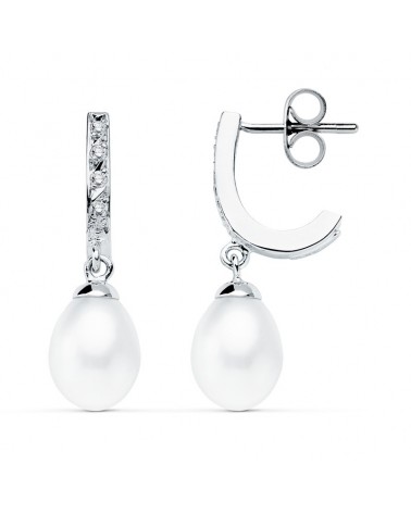 Pendientes oro blanco 9k perla cierre presión 25x7 mm