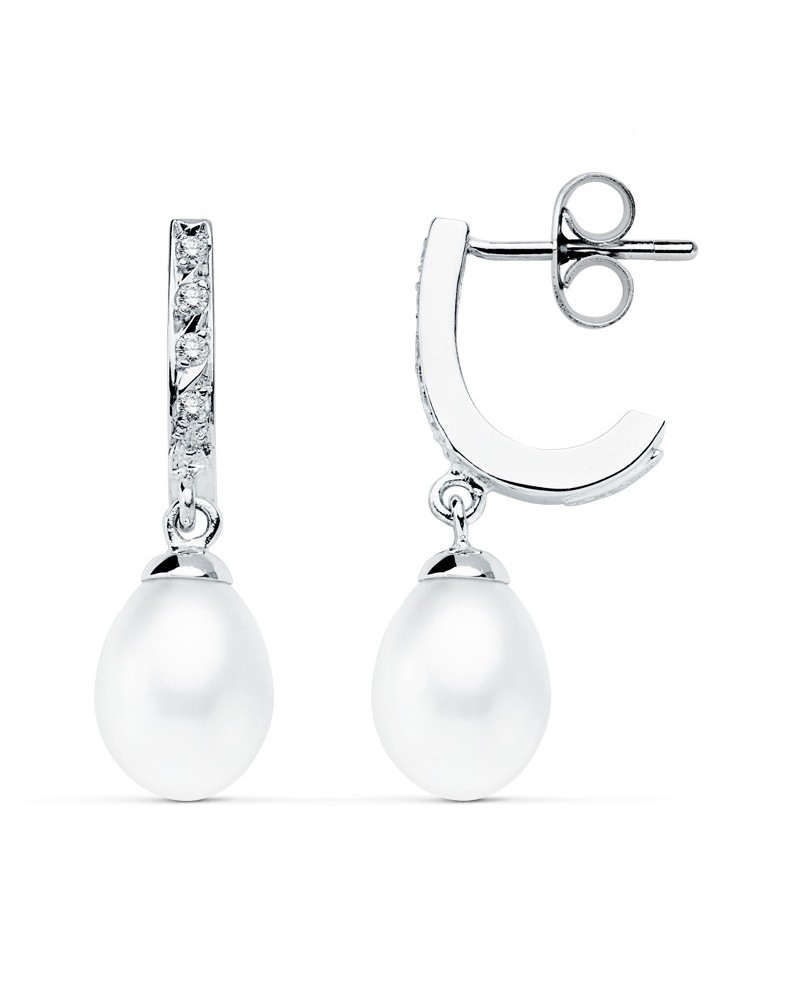 Pendientes oro blanco 9k perla cierre presión 25x7 mm