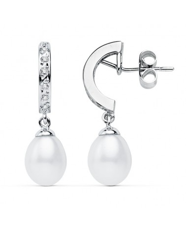 Pendientes oro blanco 9k perla circonita 28x8mm
