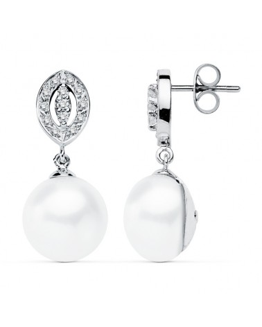 Pendientes oro blanco 9k perla circonita 27x11mm
