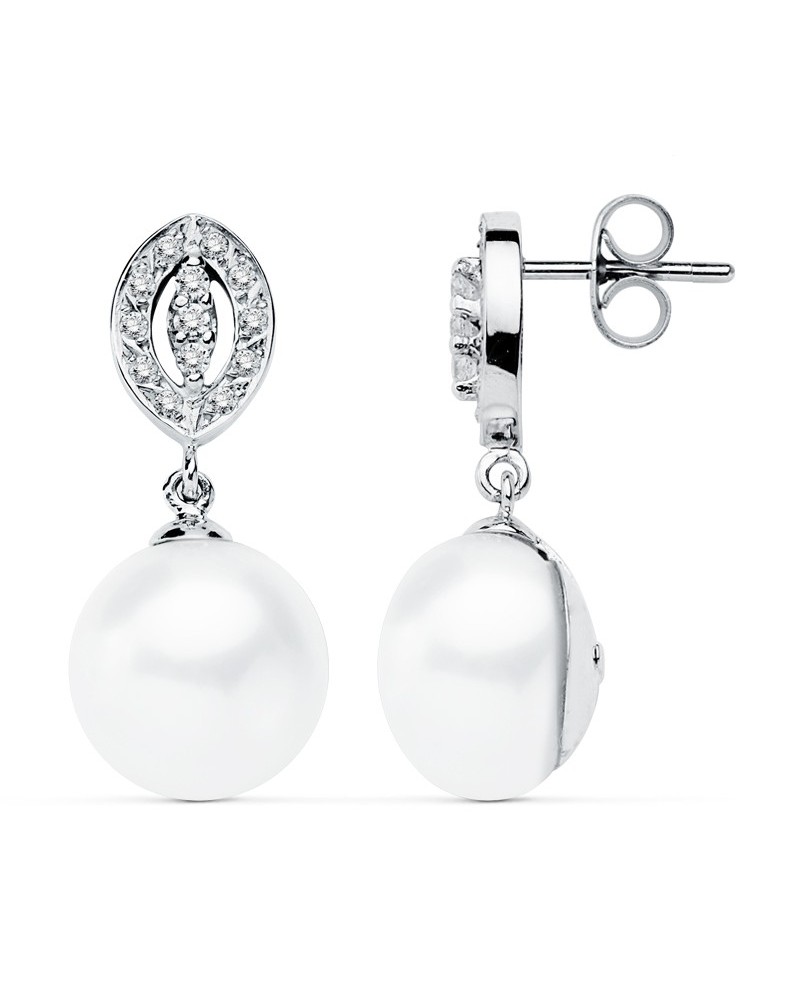 Pendientes oro blanco 9k perla circonita 27x11mm