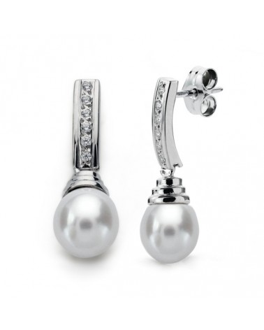 Pendientes oro 9k blanco perla cierre presión 24x7 mm