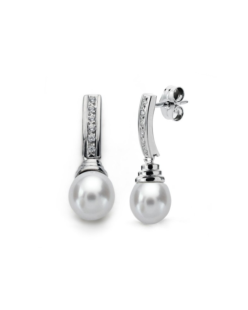 Pendientes oro 9k blanco perla cierre presión 24x7 mm