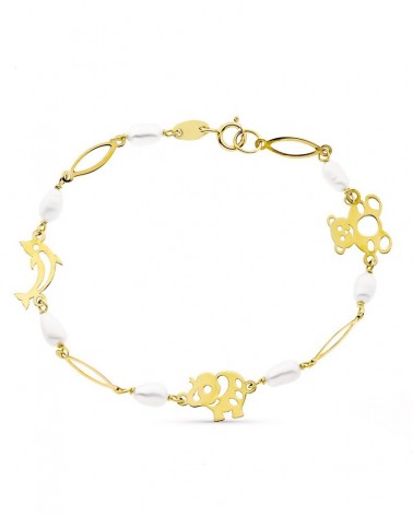 Pulsera oro 9k amarillo perlas motivos animales 16 cm