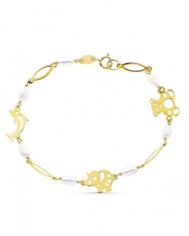 Pulsera oro 9k amarillo perlas motivos animales 16 cm