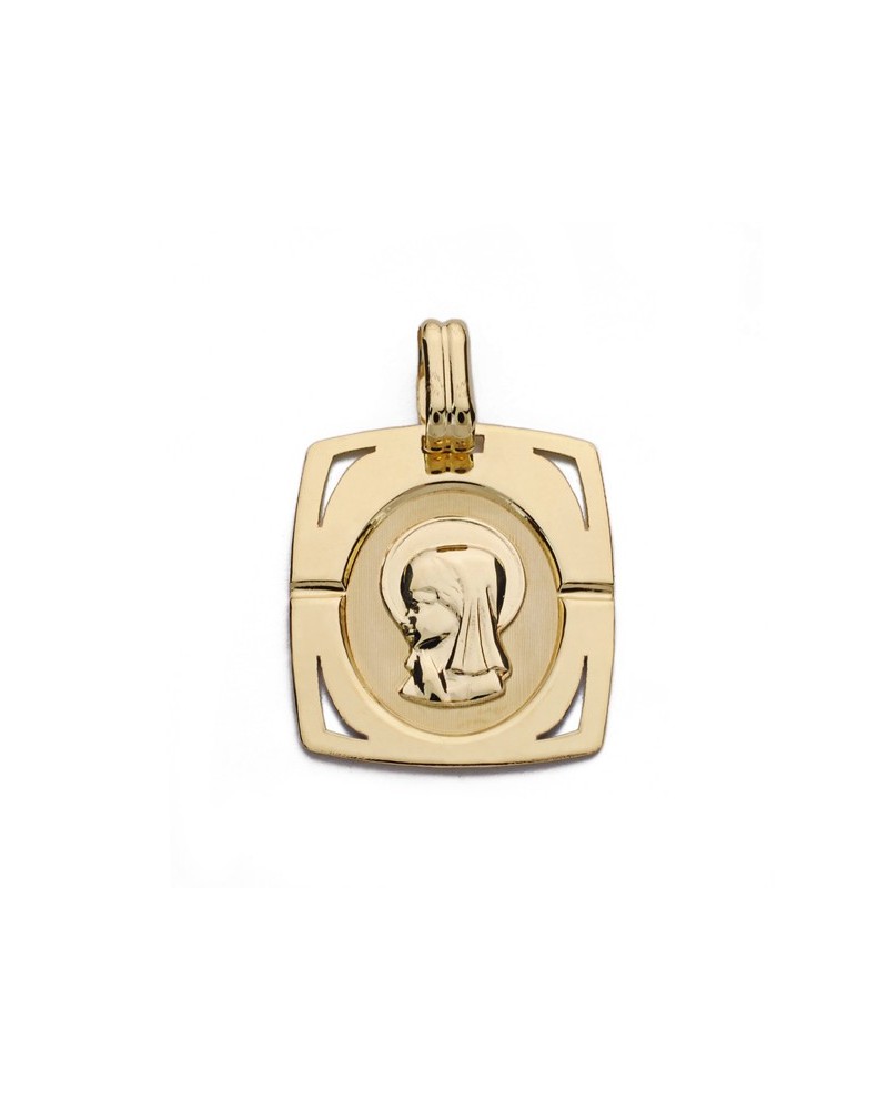 Medalla oro 9k Virgen niña cuadrada calada 20x17mm