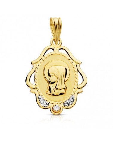 Medalla oro 9k Virgen niña circonitas 22x16 mm