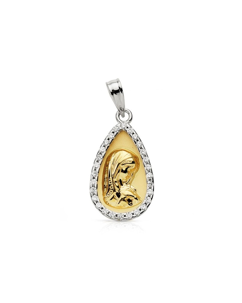 Medalla oro 9k Virgen niña marco circonitas 20x11 mm