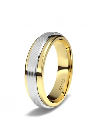 Alianza de boda giratoria bicolor oro amarillo y blanco 18k 5 mm plana con ondas