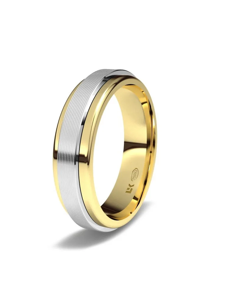 Alianza de boda giratoria bicolor oro amarillo y blanco 18k 5 mm plana con ondas