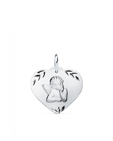 Colgante oro blanco 9k corazón angelito tallado 16x14mm