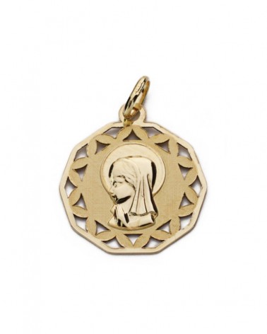 Medalla oro 9k Virgen calada mate y brillo 17x17mm