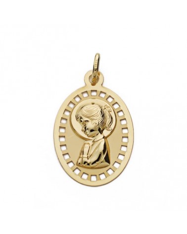 Medalla oro 9k Virgen niña calada 23x14 mm