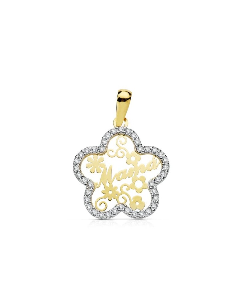 Colgante oro 9k bicolor mamá circonita flor 18 mm