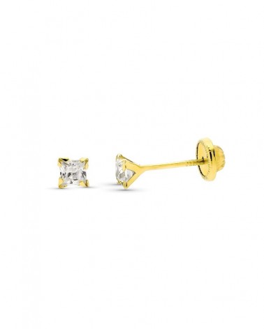 Pendientes oro 9k circonita cuadrada cierre dormilón 3x3 mm