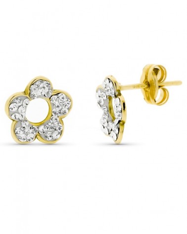 Pendientes oro 9k flor piedras blancas 9mm