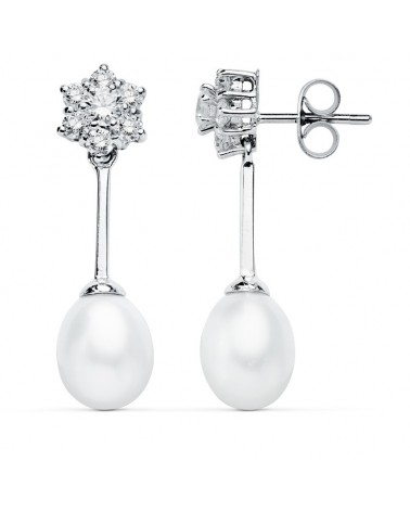 Pendientes oro blanco 9k perla circonita 30x8 mm