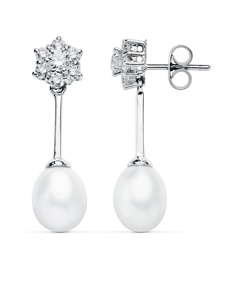 Pendientes oro blanco 9k perla circonita 30x8 mm