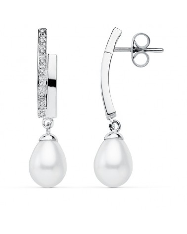 Pendientes oro 9k blanco perla cierre presión 32mm