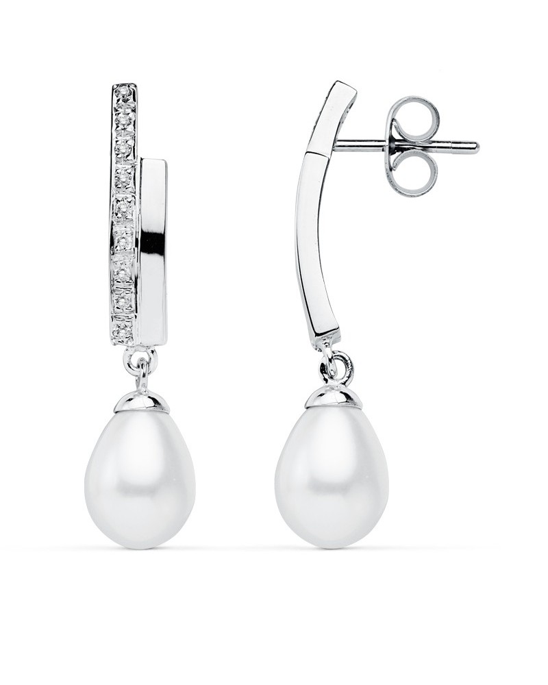 Pendientes oro 9k blanco perla cierre presión 32mm