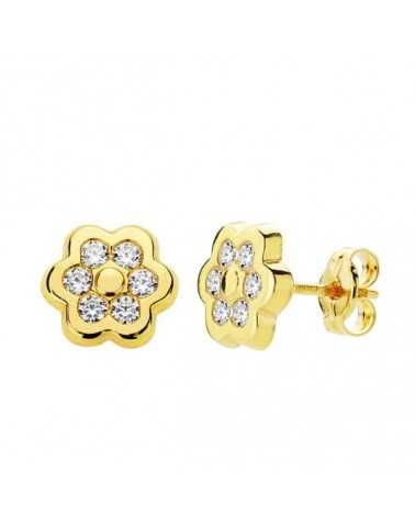 Pendientes oro 9k flor circonita cierre presión 7 mm