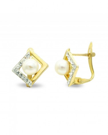 Pendientes oro 9k bicolor circonita perla cierre catalán