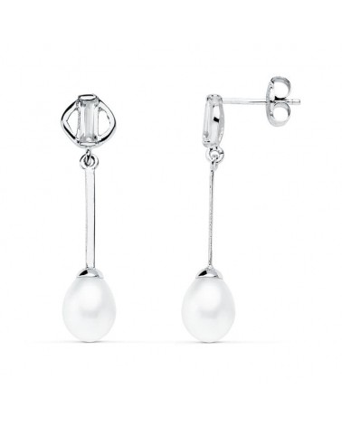 Pendientes oro 9k blanco perla circonita colgantes