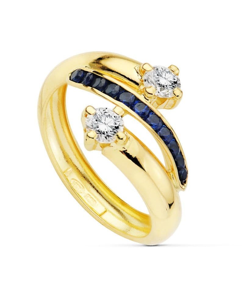 Sortija oro amarillo 9k bandas circonitas azules blancas