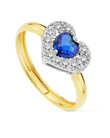 Sortija oro 9k bicolor corazón circonita azul