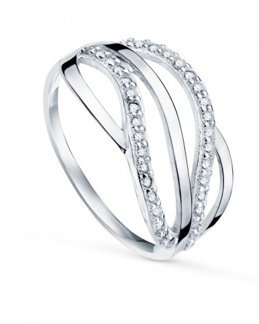Sortija oro blanco 9k bandas cruzadas circonitas 10mm