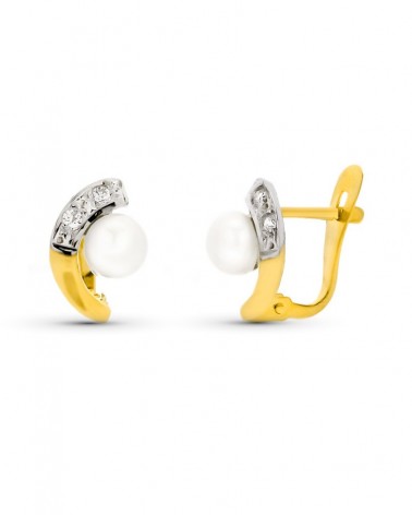 Pendientes oro 9k perla circonita cierre catalán 10x6 mm