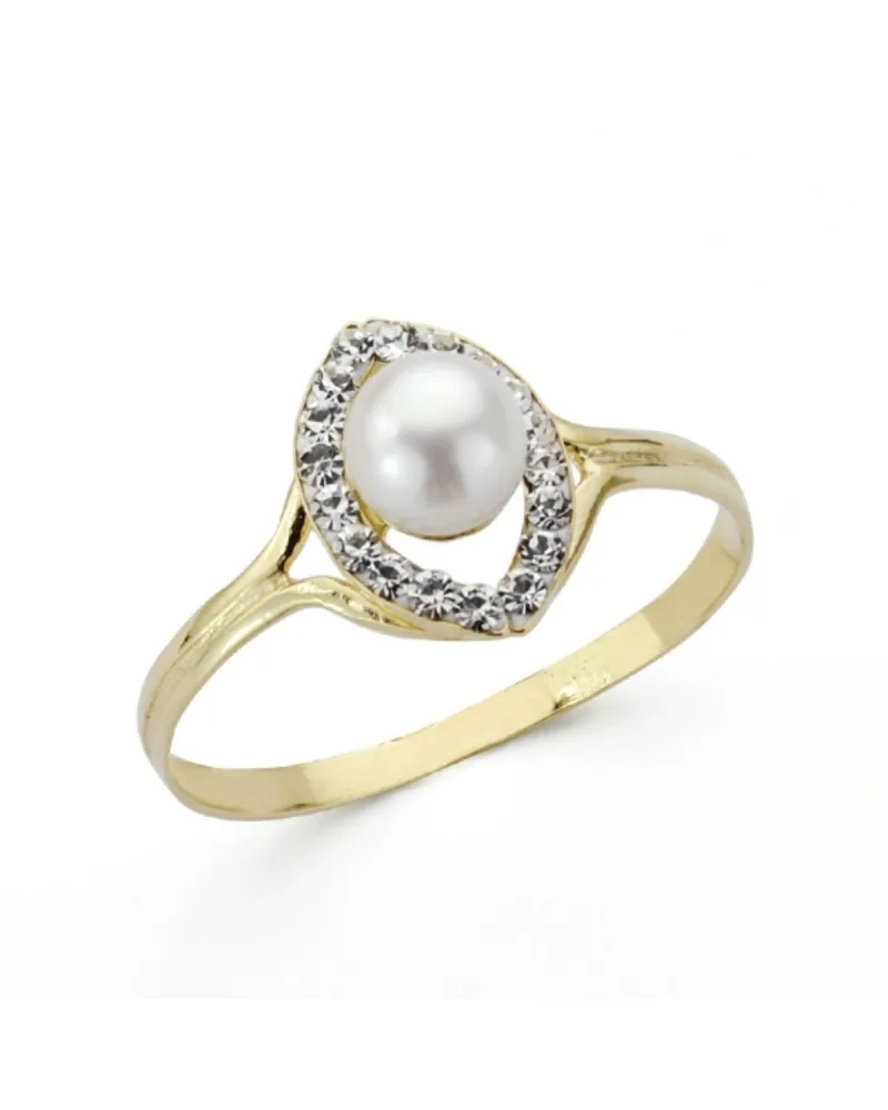 Sortija oro 9k perla circonitas oval 10mm