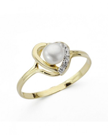 Sortija oro 9k corazón perla y circonitas 9,5mm