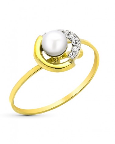 Sortija oro 9k perla circonitas diseño luna 8mm