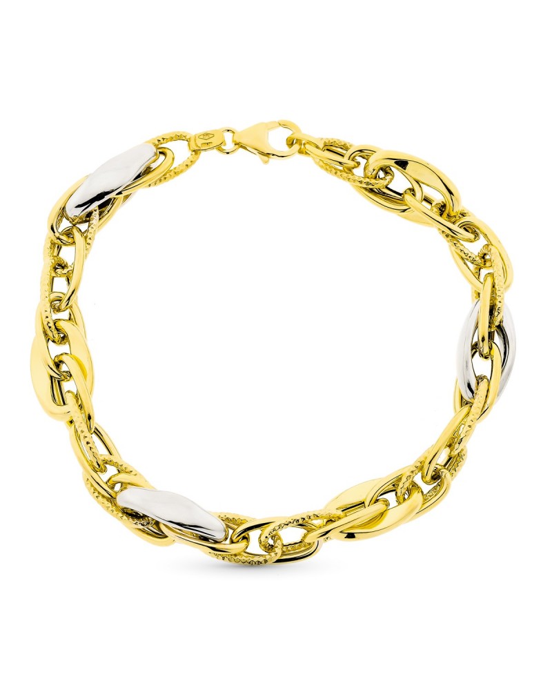 Pulsera oro 9k bicolor eslabones alternados 20cm
