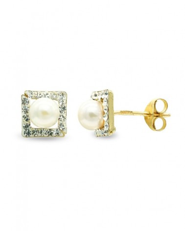 Pendientes oro 9k perla circonita cuadrados 4mm
