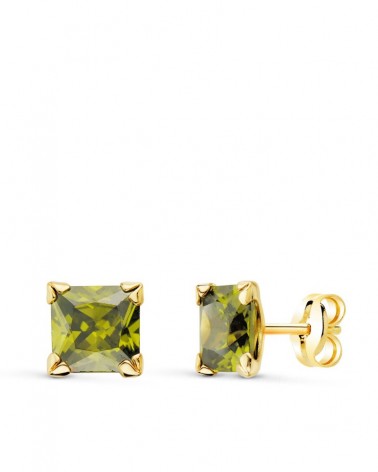 Pendientes oro 9k olivina natural cuadrada 6x6mm