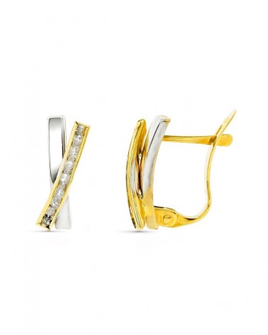 Pendientes oro 9k bicolor bandas circonita 12x6 mm