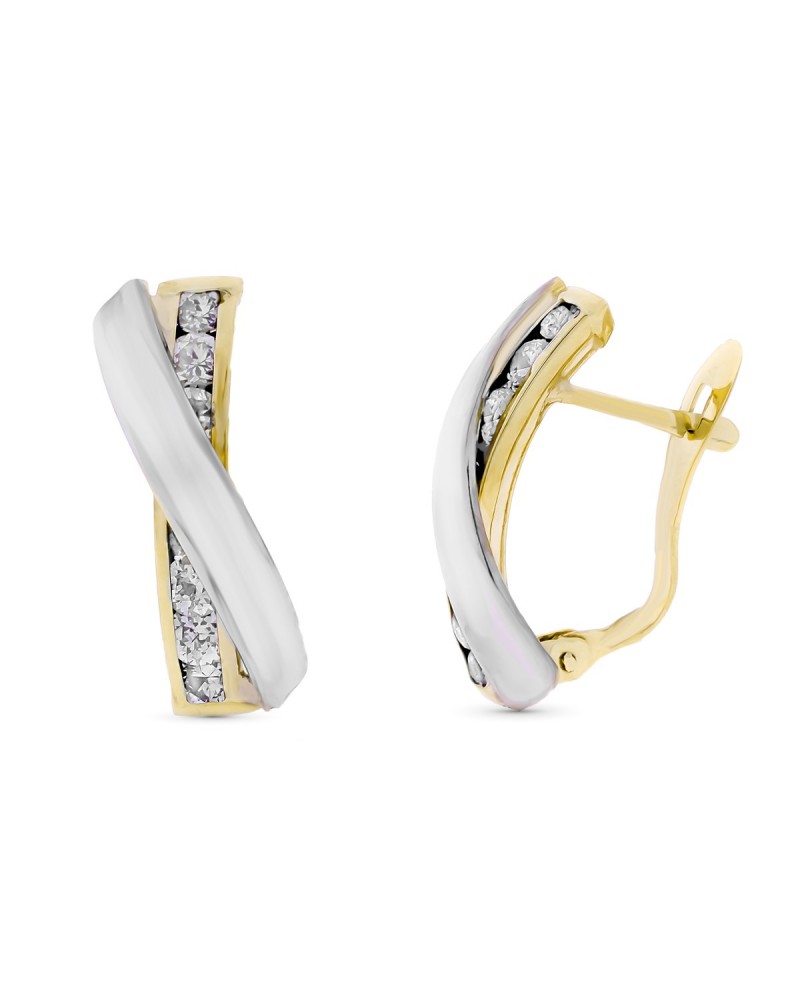 Pendientes oro 9k bicolor bandas cruzadas circonita