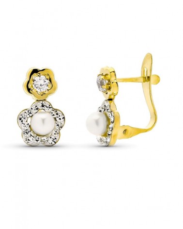 Pendientes oro 9k bicolor perla cultivada circonita catalán