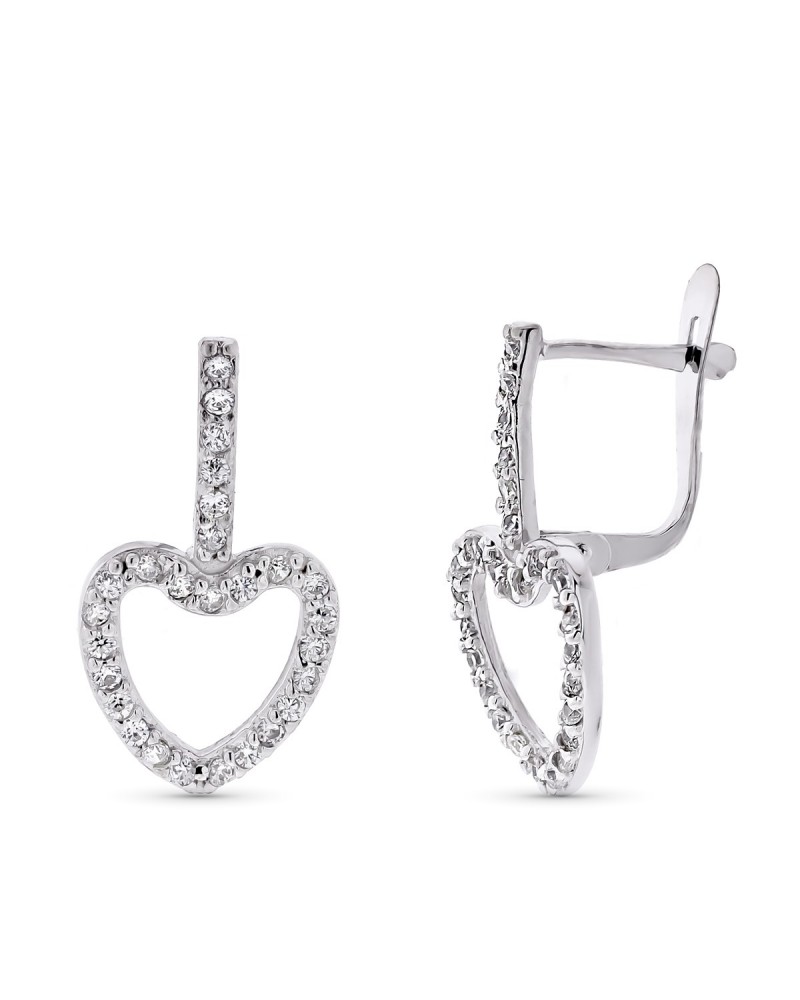 Pendientes oro blanco 9k corazón circonita 20x10 mm