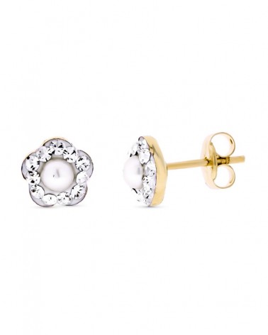 Pendientes oro 9k flor perla circonita 3mm