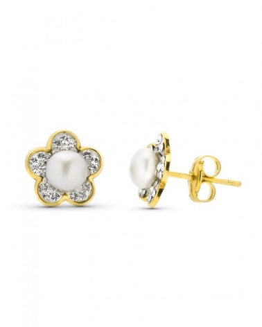 Pendientes oro 9k flor perla circonita presión 4,5mm