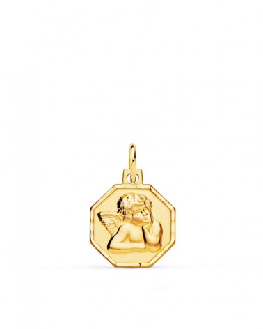 Medalla oro 9k octogonal ángel burlón tallada 13x13mm