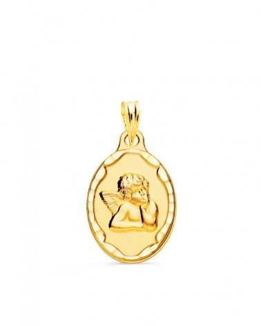 Medalla oro 9k angelito burlón oval cerco tallado 18x14mm