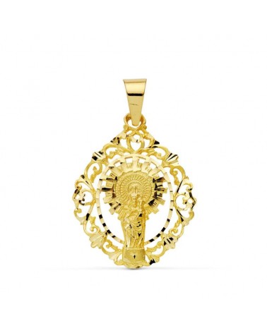 Medalla oro 9k Virgen del Pilar orla calada 36x28mm